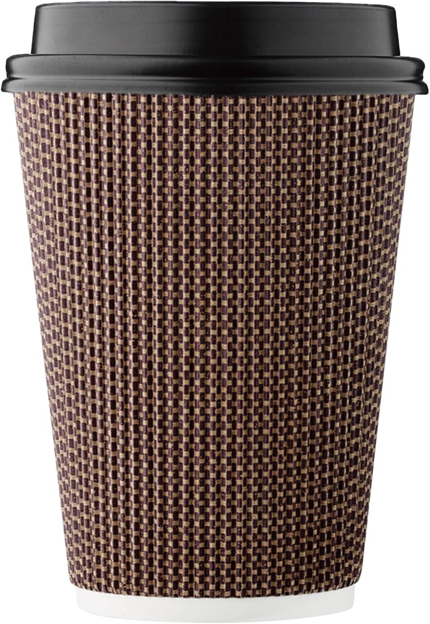 Disposable Coffee Cups, Insulated Ripple Double-Walled Paper Cups with Lids, Brown Geometric, Leak-Proof Drinking Cups for Tea Hot Chocolate Drinks To go coffee cups